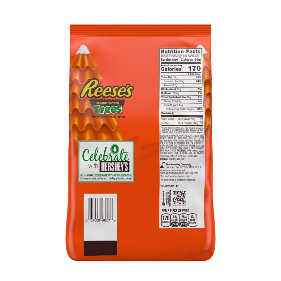 REESE'S Milk Chocolate Peanut Butter Snack Size Trees, 39.8 oz bag, 65 pieces - Back of Package