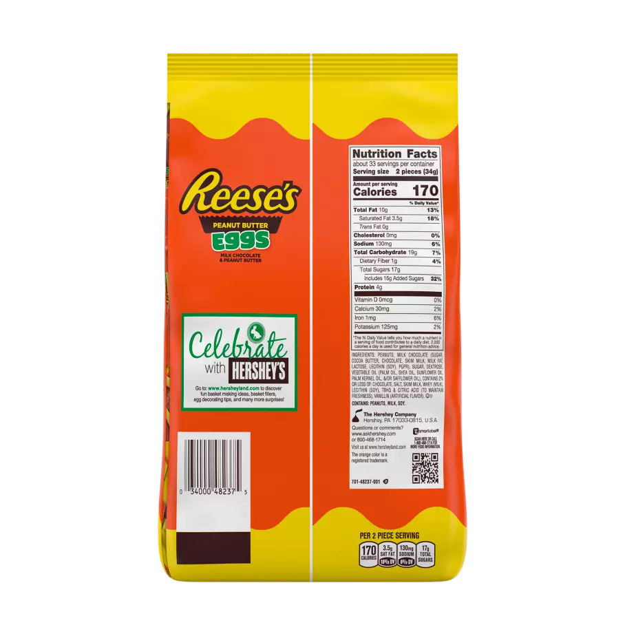 REESE'S Milk Chocolate Peanut Butter Eggs, 39.8 oz bag, 65 pieces - Back of Package