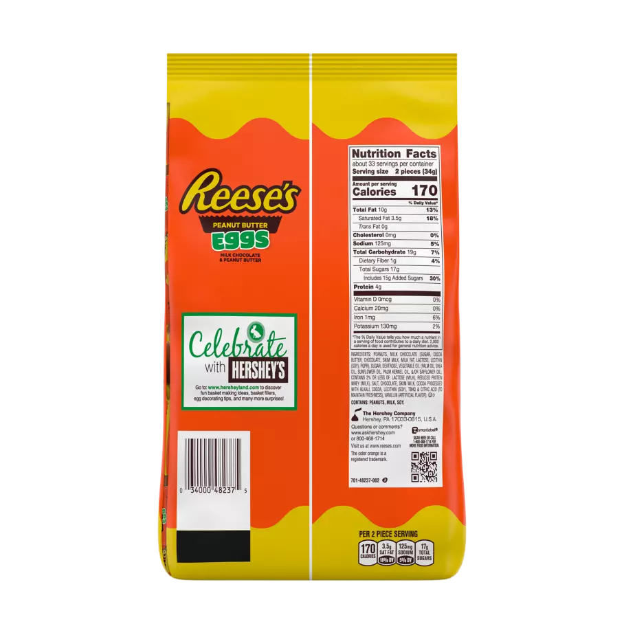 REESE'S Milk Chocolate Peanut Butter Eggs, 39.8 oz bag, 65 pieces - Back of Package
