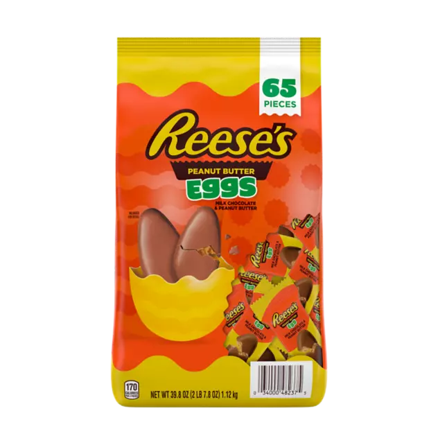 REESE'S Milk Chocolate Peanut Butter Eggs, 39.8 oz bag, 65 pieces - Front of Package