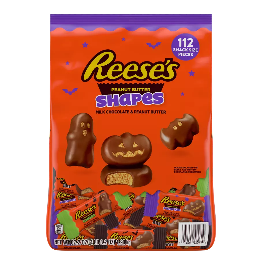 REESE'S Halloween Milk Chocolate Peanut Butter Snack Size Assorted Shapes, 67.2 oz bag, 112 pieces - Front of Package