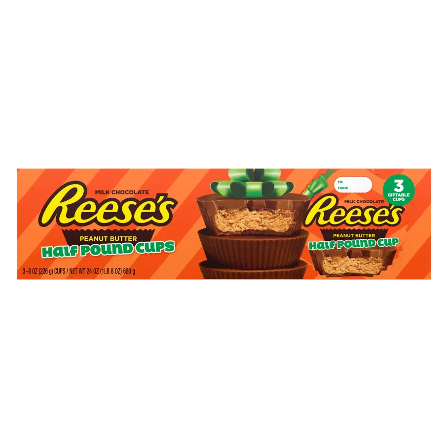 REESE'S Holiday Milk Chocolate Peanut Butter Half Pound Cups, 8 oz, 3 pack - Front of Package