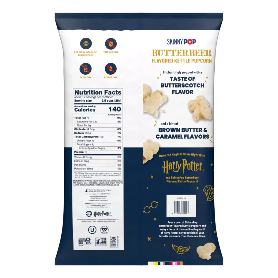 SKINNYPOP Harry Potter™ Butterbeer Flavored Kettle Popcorn, 17 oz bag - Back of Package