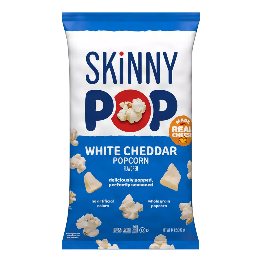 SKINNYPOP White Cheddar Flavored Popcorn, 14 oz bag - Front of Package