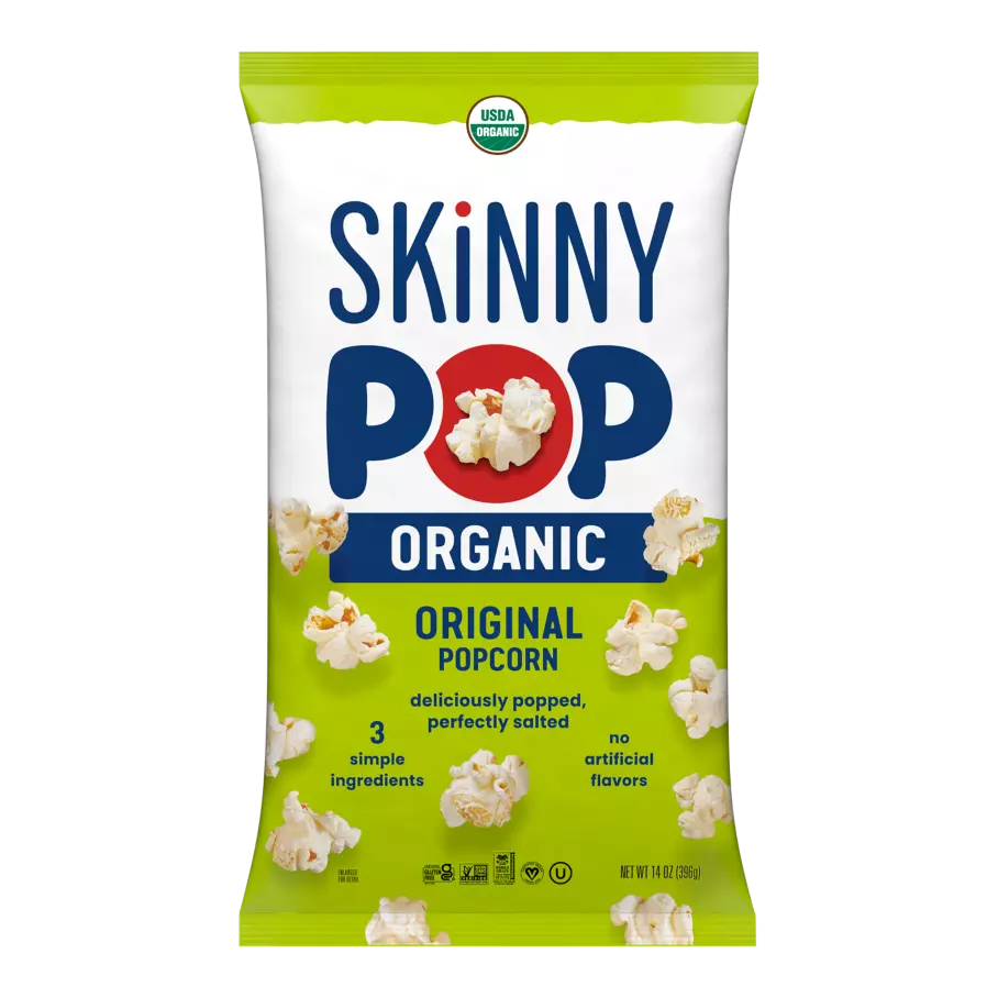 SKINNYPOP Original Organic Popcorn, 14 oz bag - Front of Package