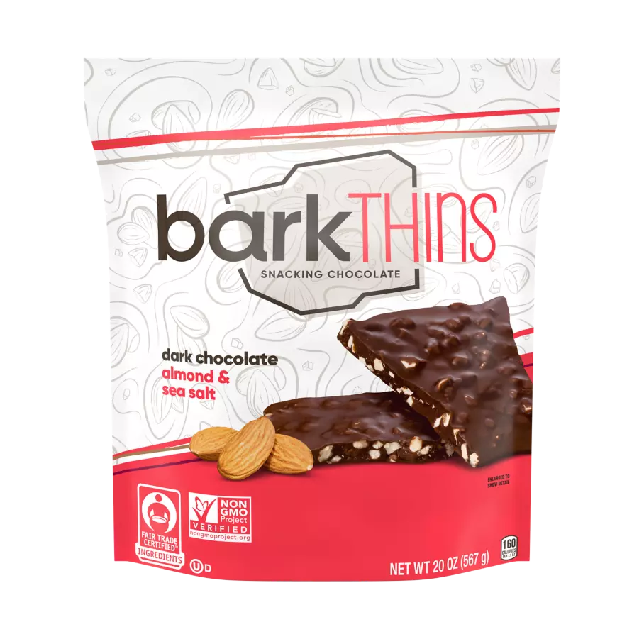barkTHINS Dark Chocolate Almond & Sea Salt Snacking Chocolate, 20 oz bag - Front of Package