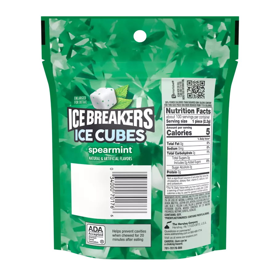 ICE BREAKERS ICE CUBES Spearmint Sugar Free Gum, 8.11 oz bag, 100 pieces - Back of Package