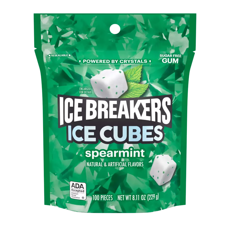 ICE BREAKERS ICE CUBES Spearmint Sugar Free Gum, 8.11 oz bag, 100 pieces - Front of Package