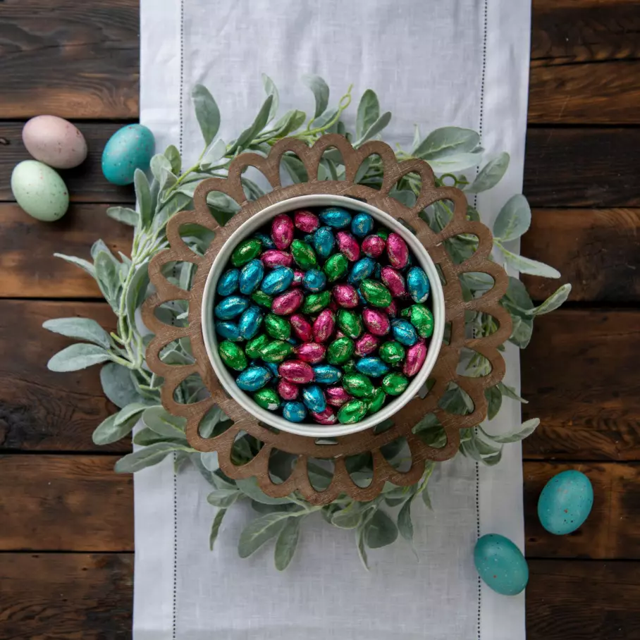 table center piece bowl filled with hersheys easter extra creamy milk chocolate eggs