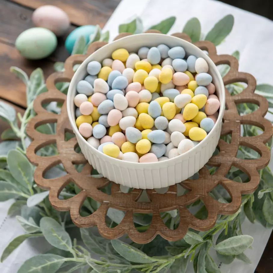 table center piece bowl filled with cadbury milk chocolate eggs