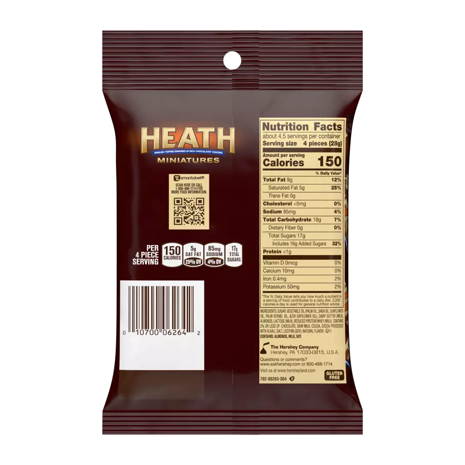 HEATH Miniatures Chocolatey English Toffee Candy Bars, 4.5 oz bag - Back of Package