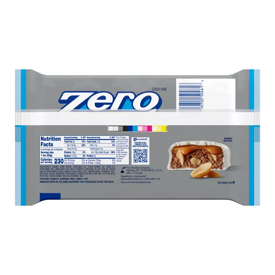 ZERO Candy Bars, 1.85 oz bag, 6 pack - Back of Package