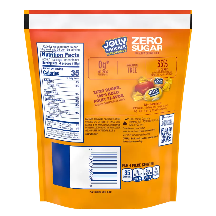 JOLLY RANCHER Zero Sugar Tropical Flavors Hard Candy, 6.1 oz bag - Back of Package