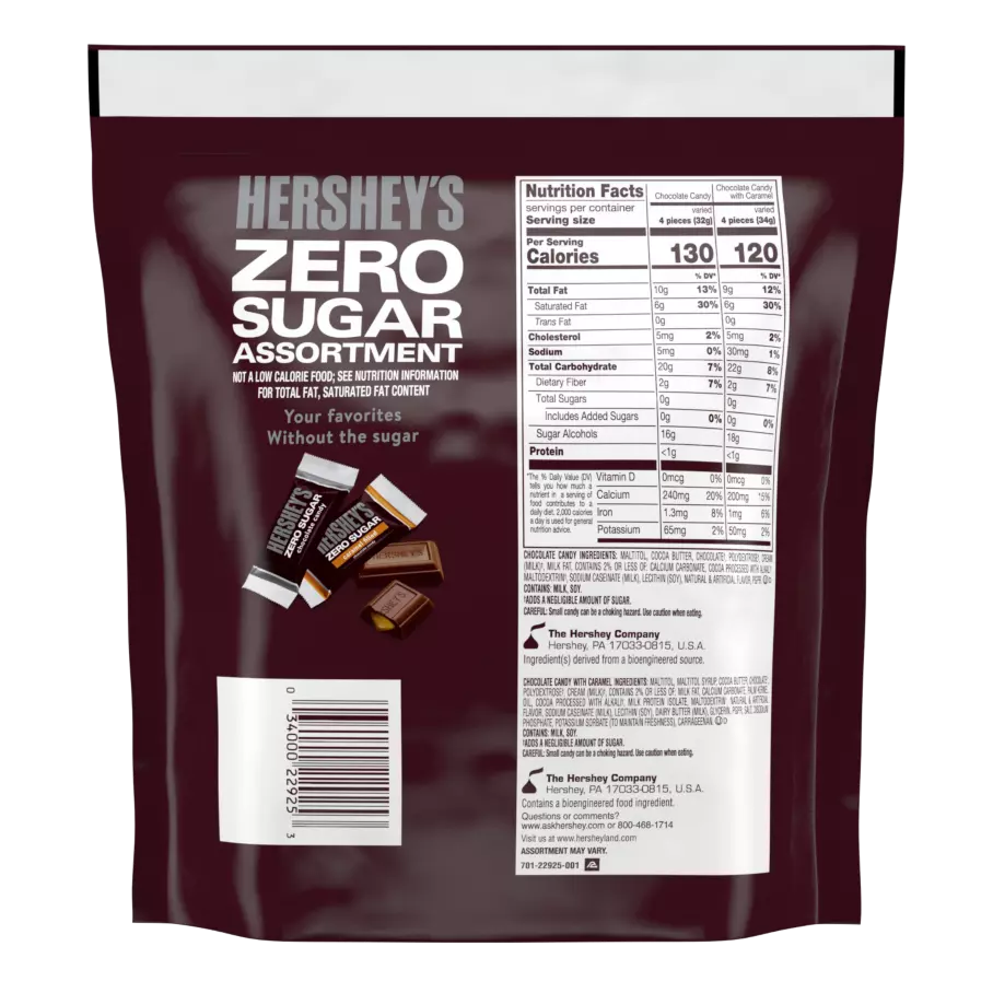 HERSHEY'S Zero Sugar Candy Assortment, 15.5 oz bag - Back of Package