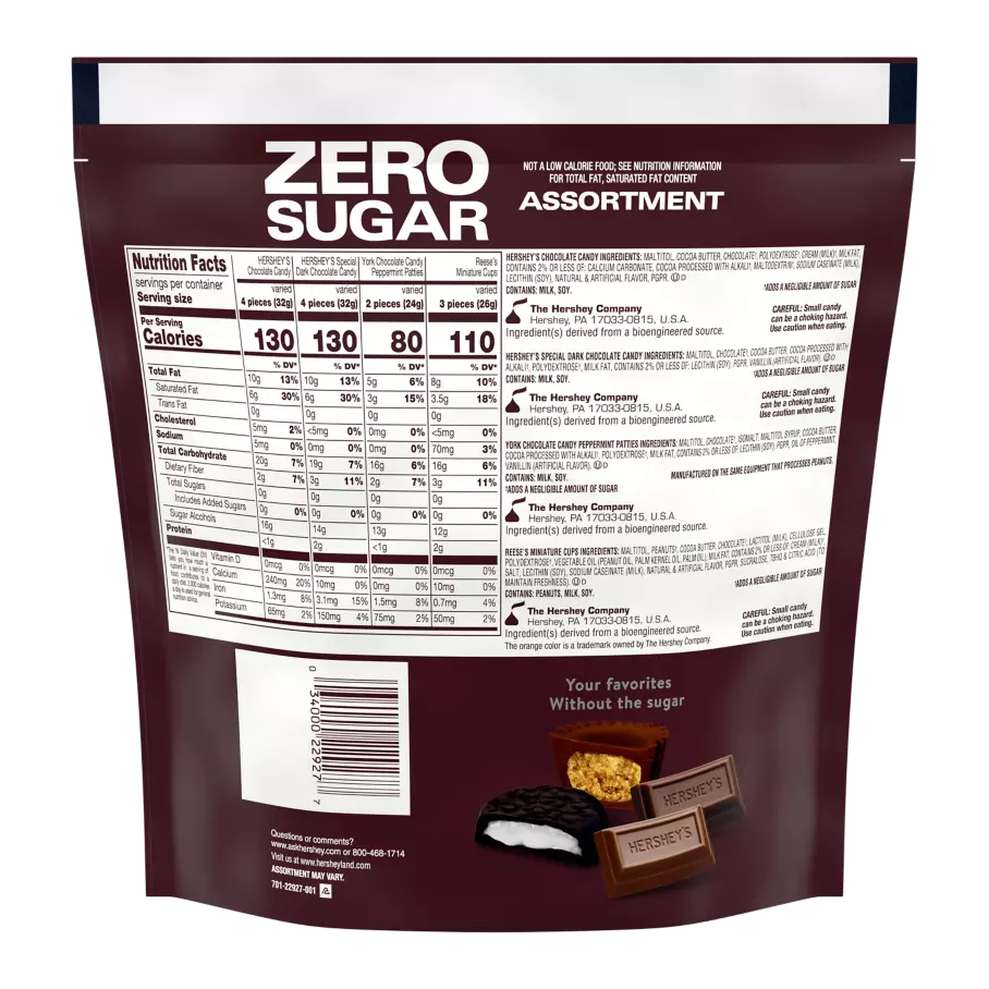 Hershey Zero Sugar Chocolate Candy Assortment, 15.5 oz bag - Back of Package