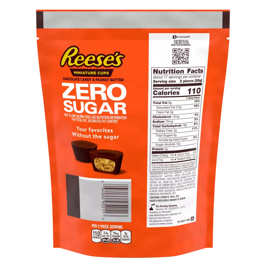 REESE'S Zero Sugar Miniatures Chocolate Peanut Butter Cups, 15.5 oz bag - Back of Package