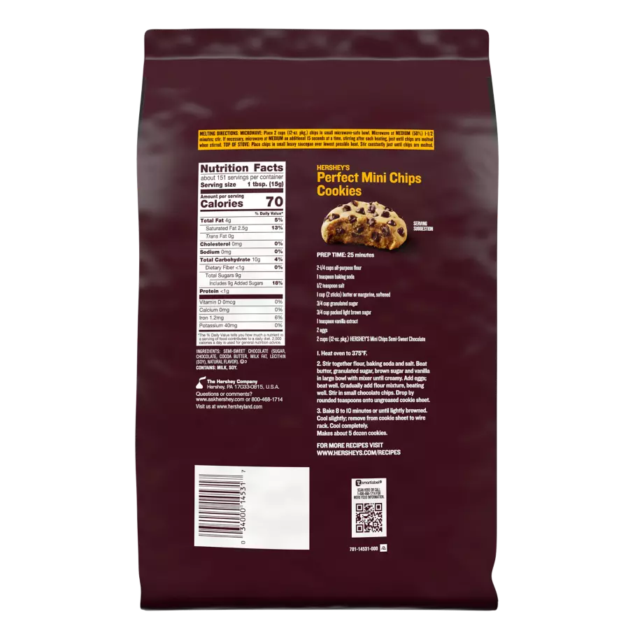 HERSHEY'S Mini Semi-Sweet Chocolate Chips, 30 lb box, 6 bags - Back of Individual Package