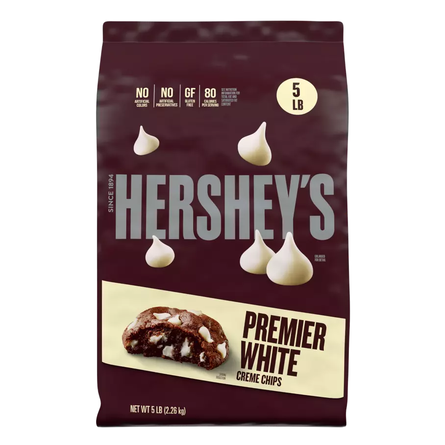 HERSHEY'S Premier White Creme Chips, 30 lb box, 6 bags - Front of Individual Package
