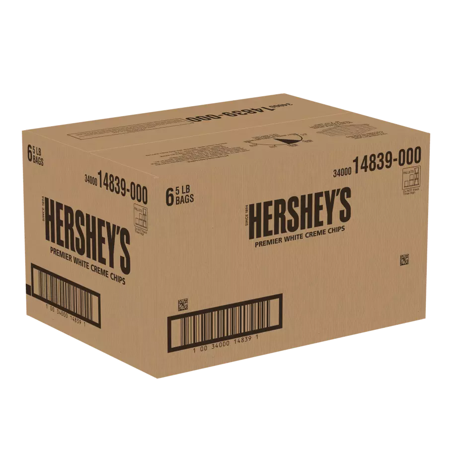 HERSHEY'S Premier White Creme Chips, 30 lb box, 6 bags - Front of Package