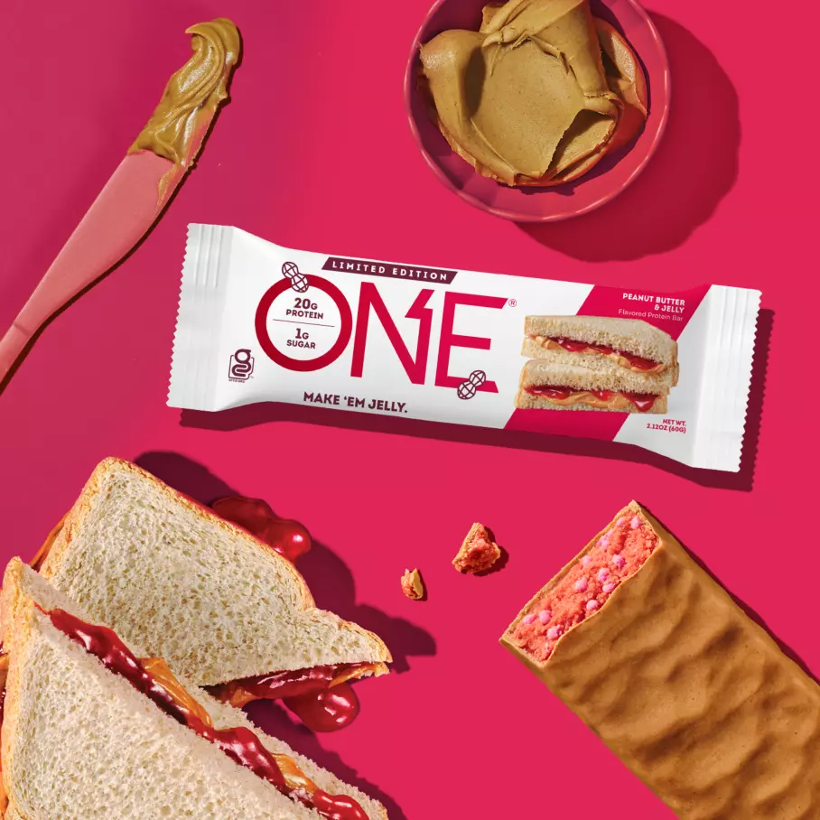 ONE BARS Peanut Butter & Jelly Flavored Protein Bars, 2.12 oz, 12 count box - Lifestyle