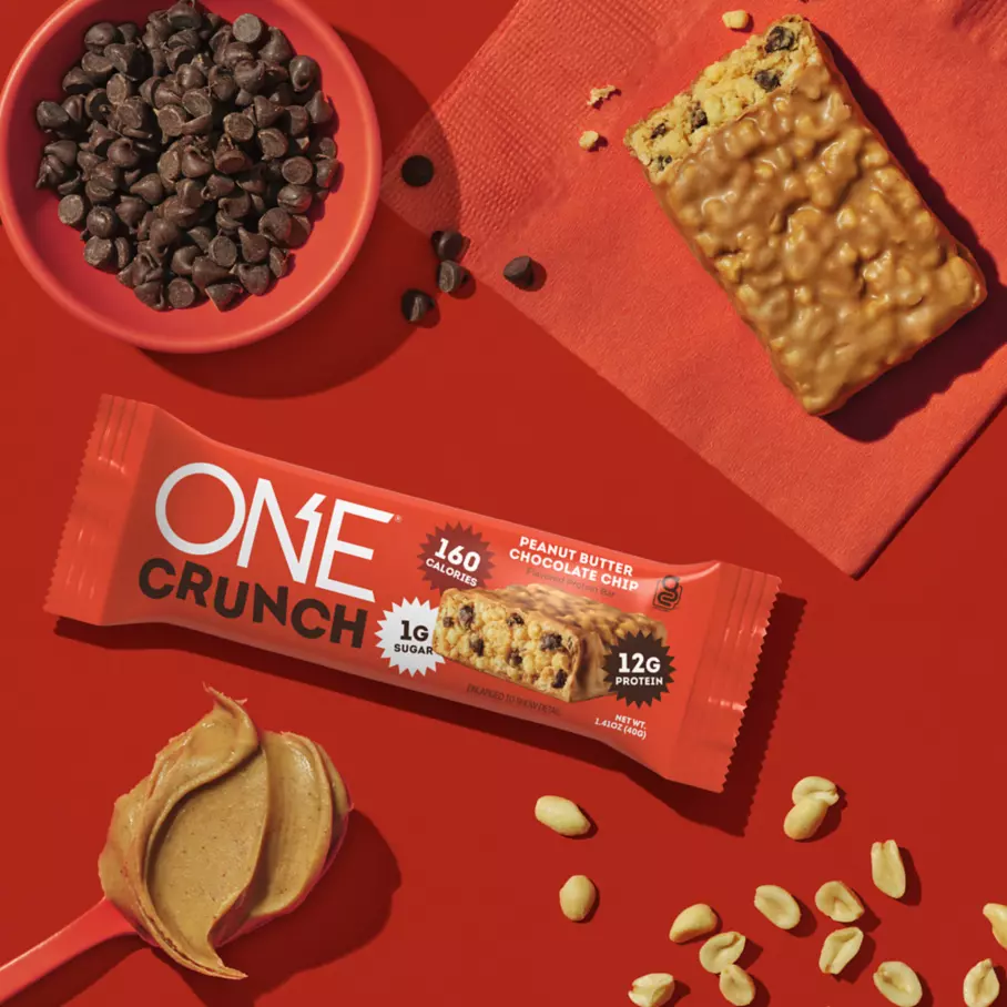 ONE CRUNCH Peanut Butter Chocolate Chip Flavored Protein Bars, 1.41 oz, 12 count box - Lifestyle