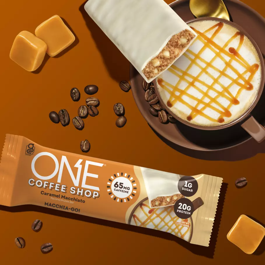 ONE COFFEE SHOP Caramel Macchiato Flavored Protein Bars, 2.12 oz, 4 count box - Lifestyle Individual