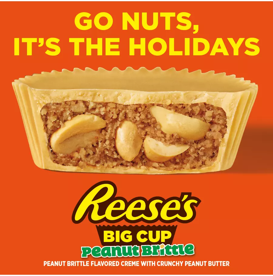 Unwrapped REESE'S Big Cup Peanut Brittle Peanut Butter Cup surrounded by text