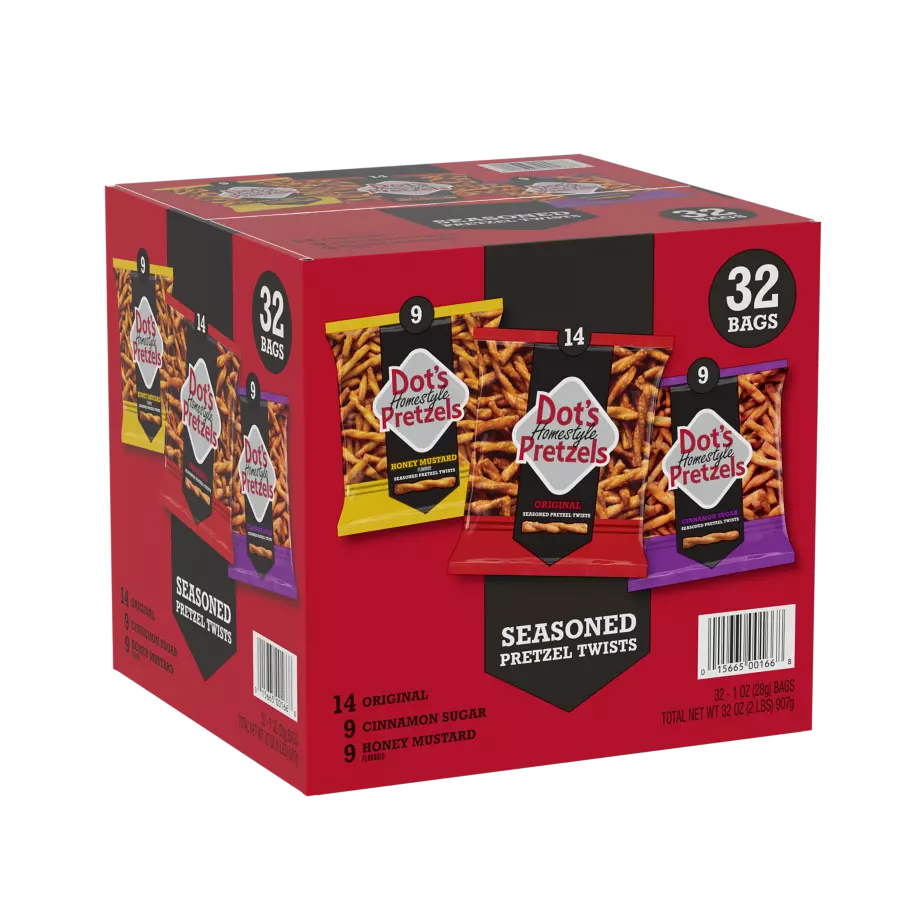 DOT'S HOMESTYLE PRETZELS Variety Pack Seasoned Pretzel Twists, 1 oz bag, 32 count box - Front of Package