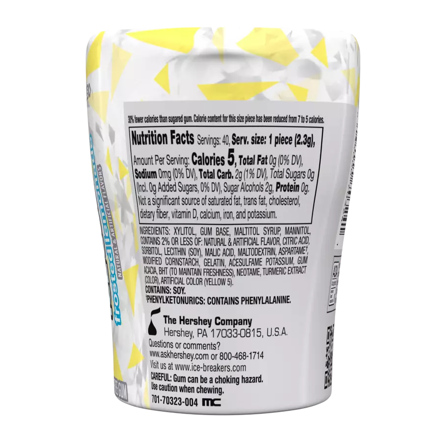 ICE BREAKERS ICE CUBES Frosted Lemonade Sugar Free Gum, 3.24 oz bottle, 40 pieces - Back of Package