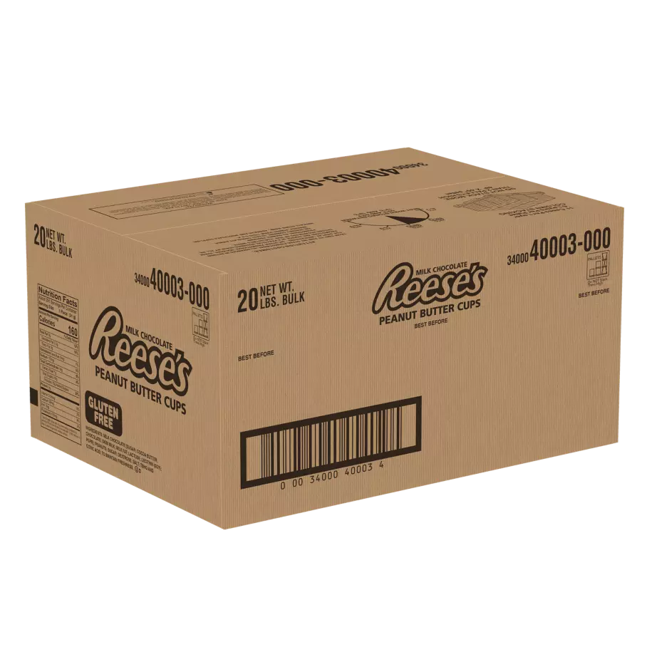 REESE'S Milk Chocolate Peanut Butter Cups, 20 lb box - Front of Package