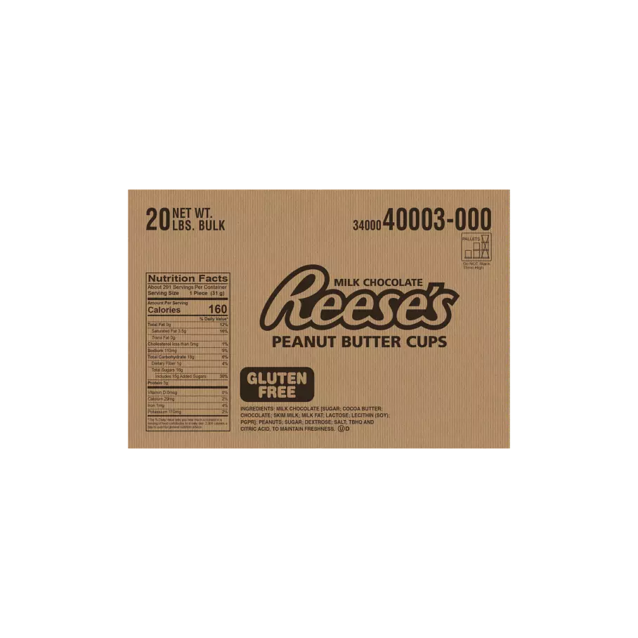 REESE'S Milk Chocolate Peanut Butter Cups, 20 lb box - Back of Package