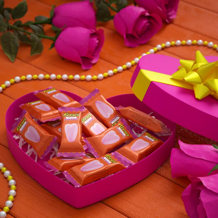 heart shaped gift box filled with reeses peanut butter pink creme snack size hearts