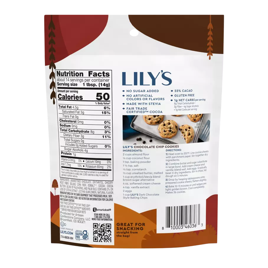 LILY'S Dark Chocolate Style Baking Chips, 7 oz pouch - Back of Package