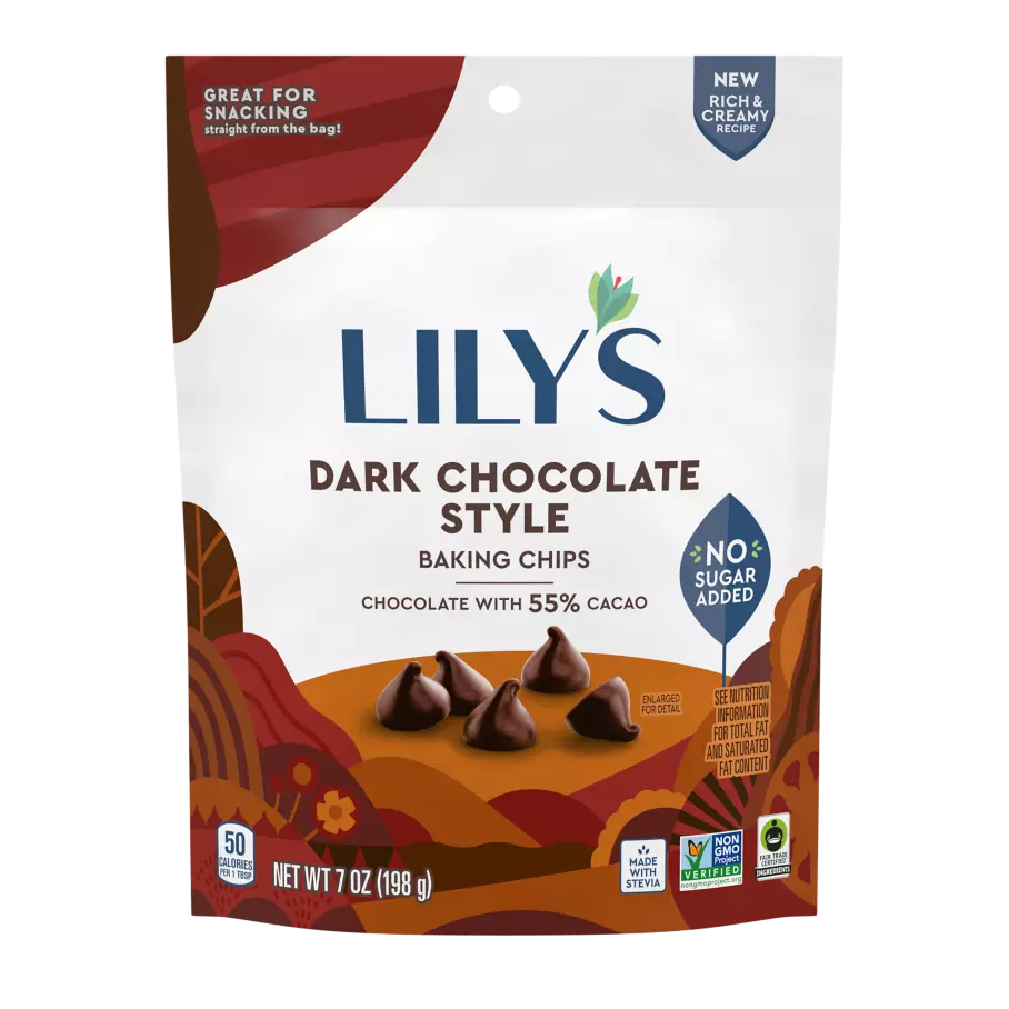 LILY'S Dark Chocolate Style Baking Chips, 7 oz pouch - Front of Package