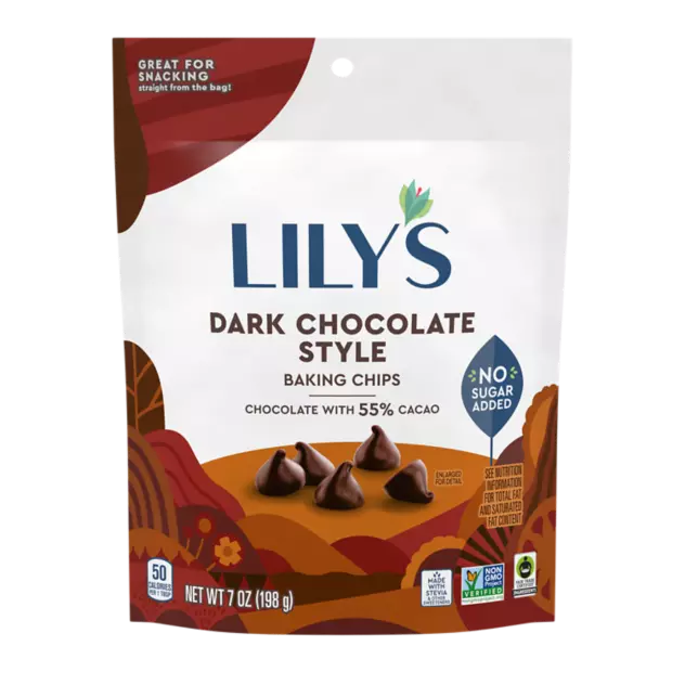 LILY'S Dark Chocolate Style Baking Chips, 7 oz pouch - Front of Package