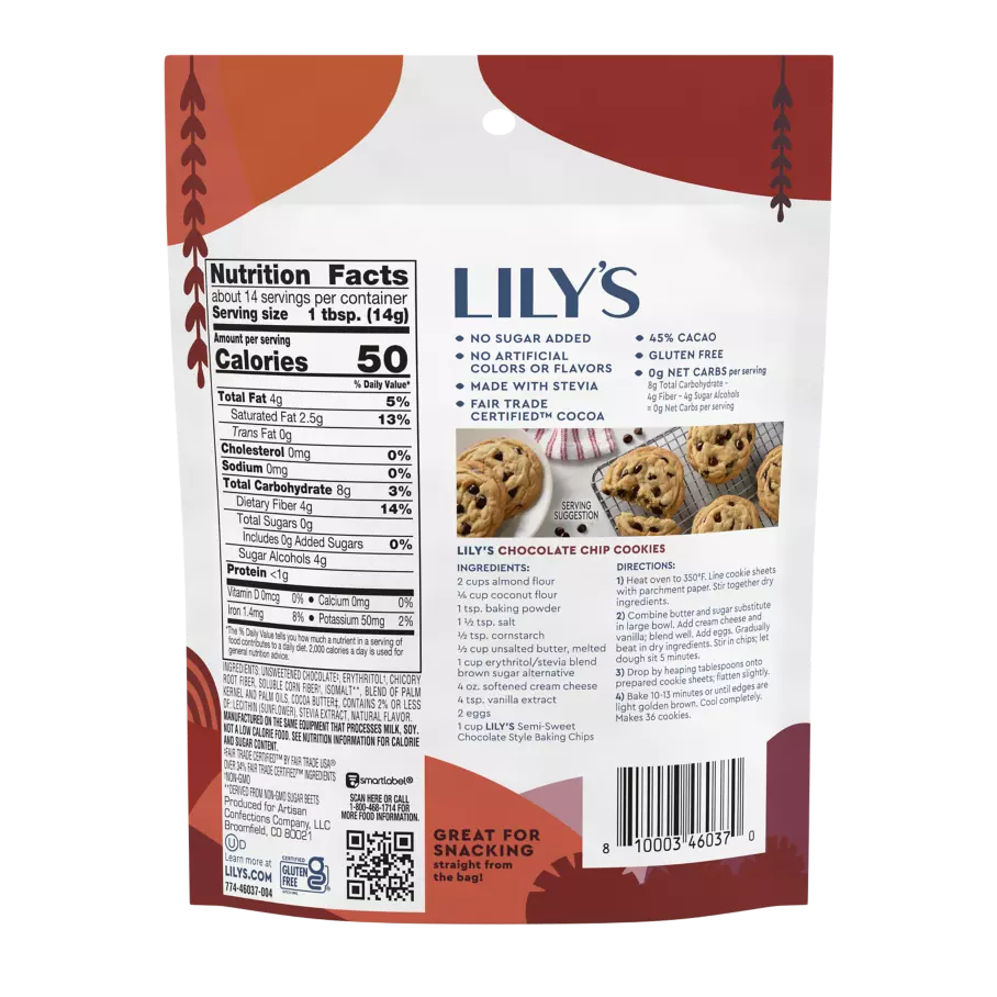 LILY'S Semi-Sweet Style Baking Chips, 7 oz pouch - Back of Package