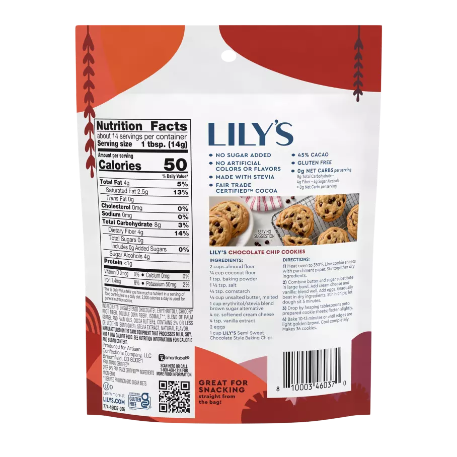 LILY'S Semi-Sweet Style Baking Chips, 7 oz pouch - Back of Package