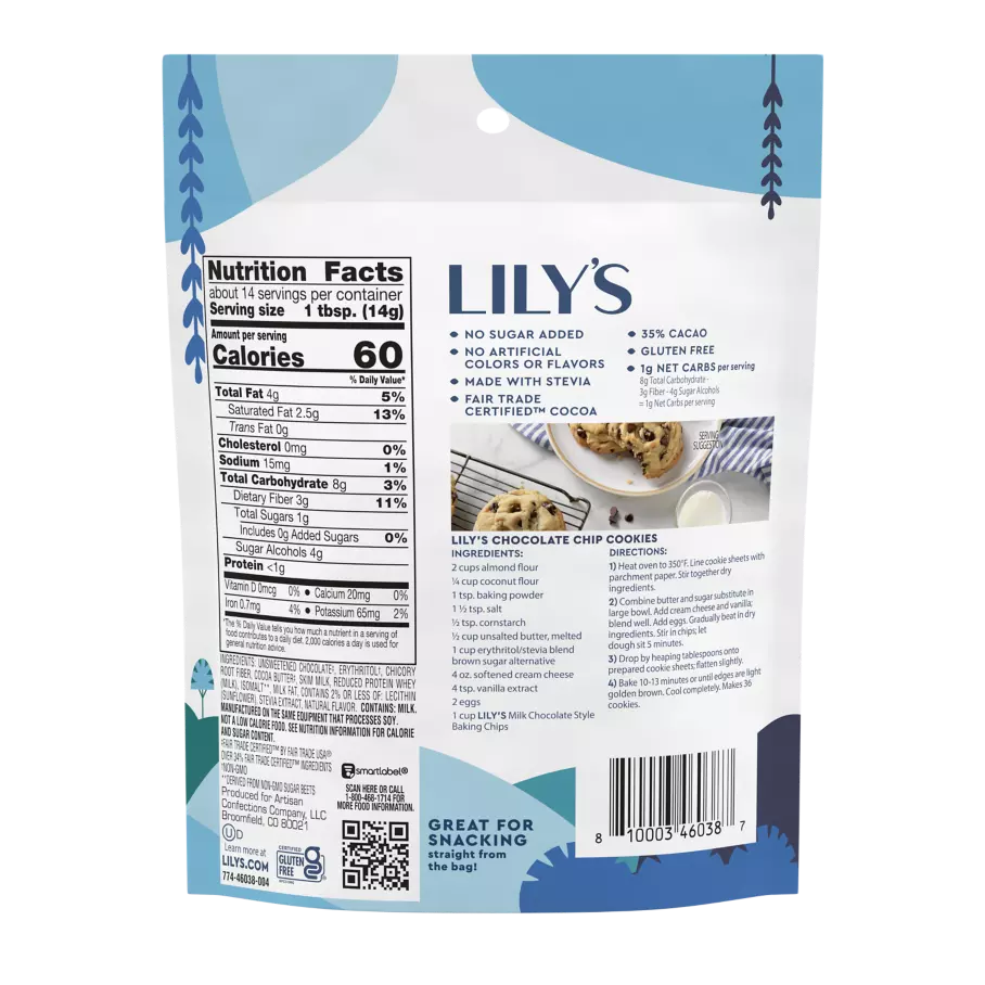 LILY'S Milk Chocolate Style Baking Chips, 7 oz pouch - Back of Package