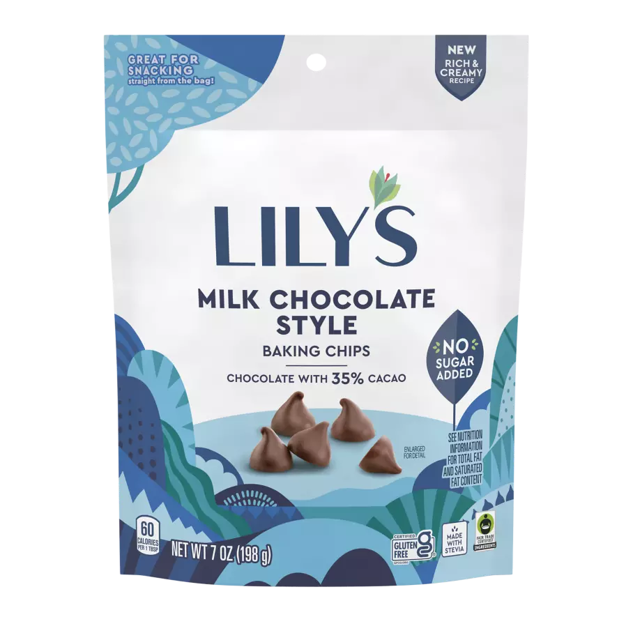 LILY'S Milk Chocolate Style Baking Chips, 7 oz pouch - Front of Package