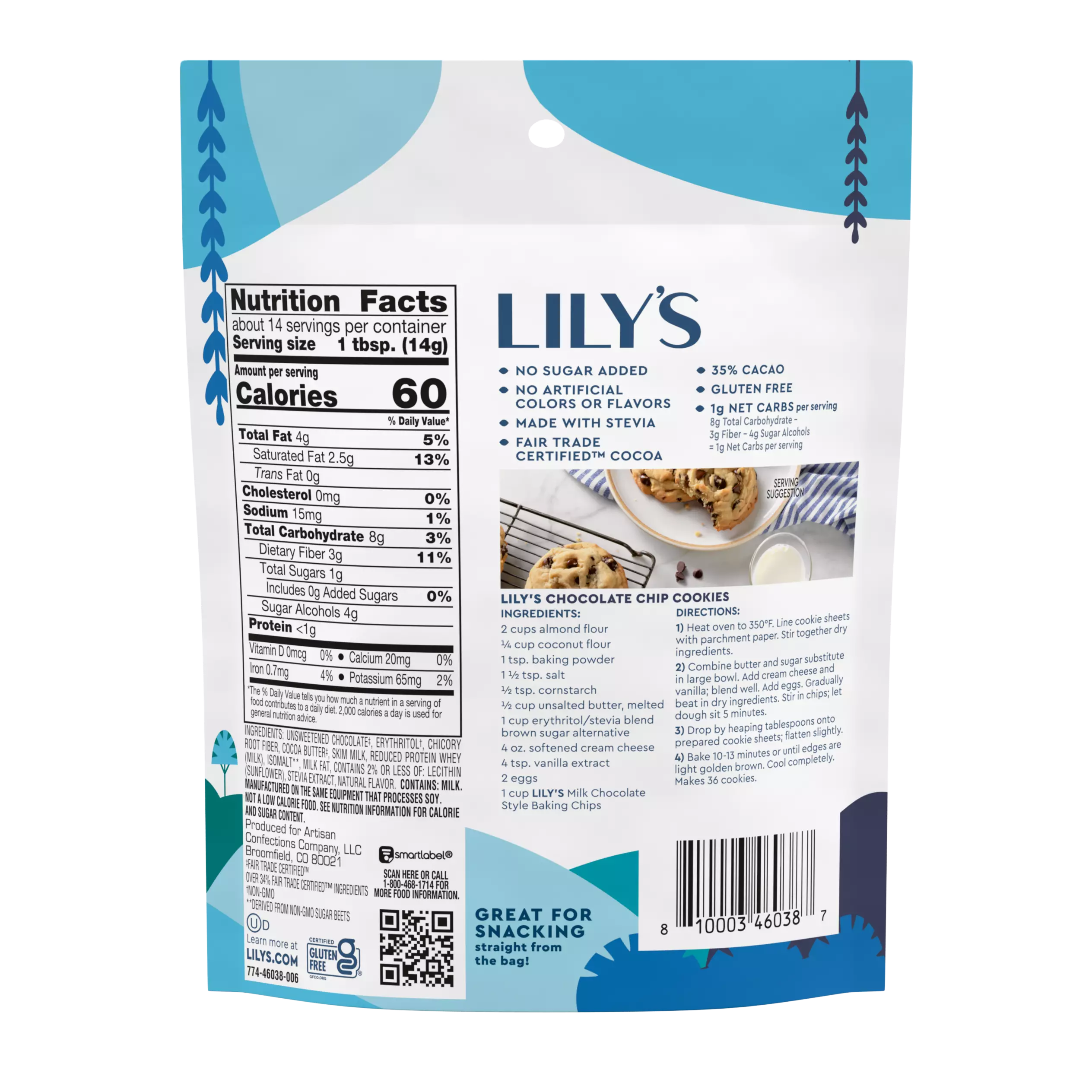 LILY'S Milk Chocolate Style Baking Chips, 7 oz pouch - Back of Package