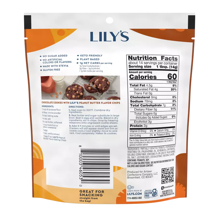 LILY'S Peanut Butter Flavor Baking Chips, 7 oz pouch - Back of Package