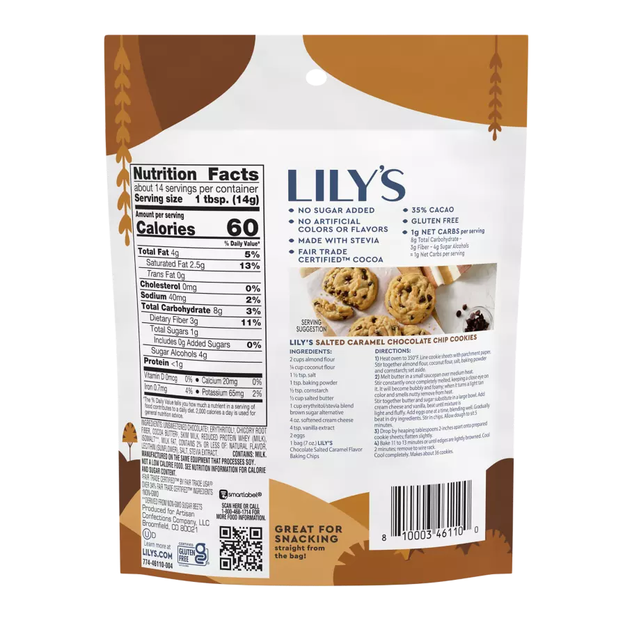 LILY'S Chocolate Salted Caramel Flavor Baking Chips, 7 oz pouch - Back of Package
