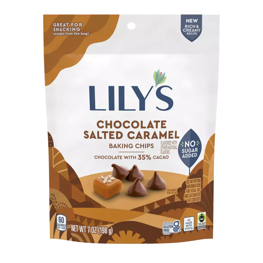 LILY'S Chocolate Salted Caramel Flavor Baking Chips, 7 oz pouch - Front of Package