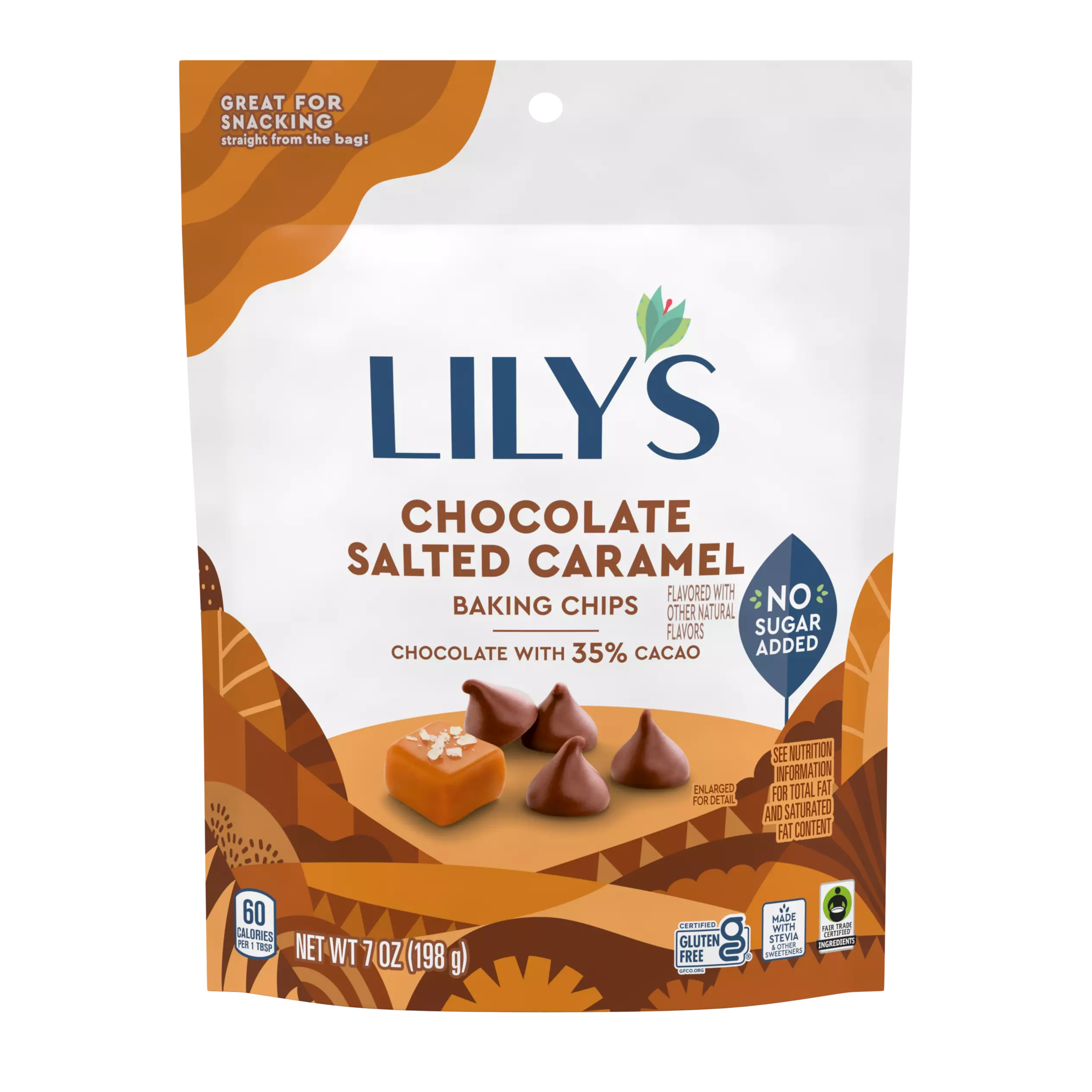 LILY'S Chocolate Salted Caramel Flavor Baking Chips, 7 oz pouch - Front of Package