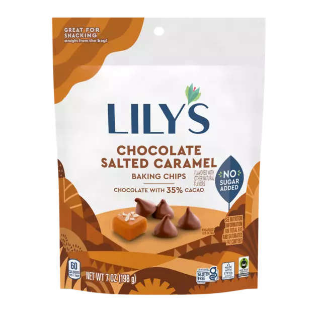 LILY'S Chocolate Salted Caramel Flavor Baking Chips, 7 oz pouch - Front of Package