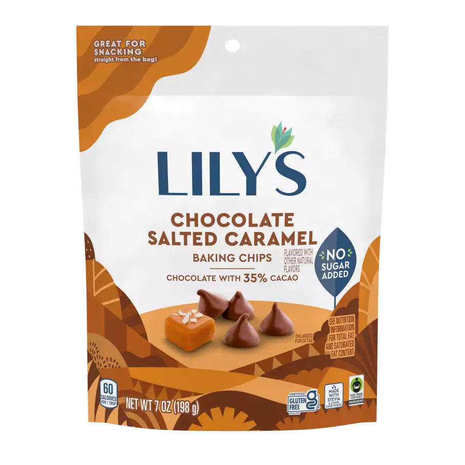 LILY'S Chocolate Salted Caramel Flavor Baking Chips, 7 oz pouch - Front of Package