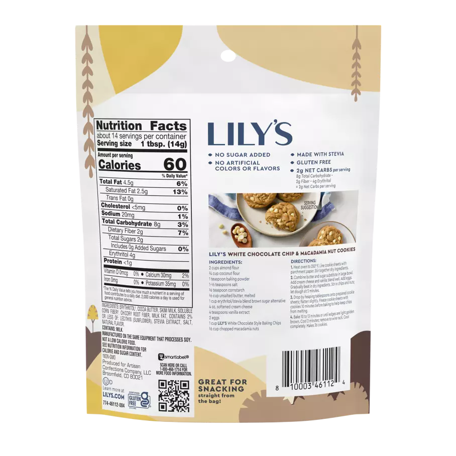 LILY'S White Chocolate Style Baking Chips, 7 oz pouch - Back of Package