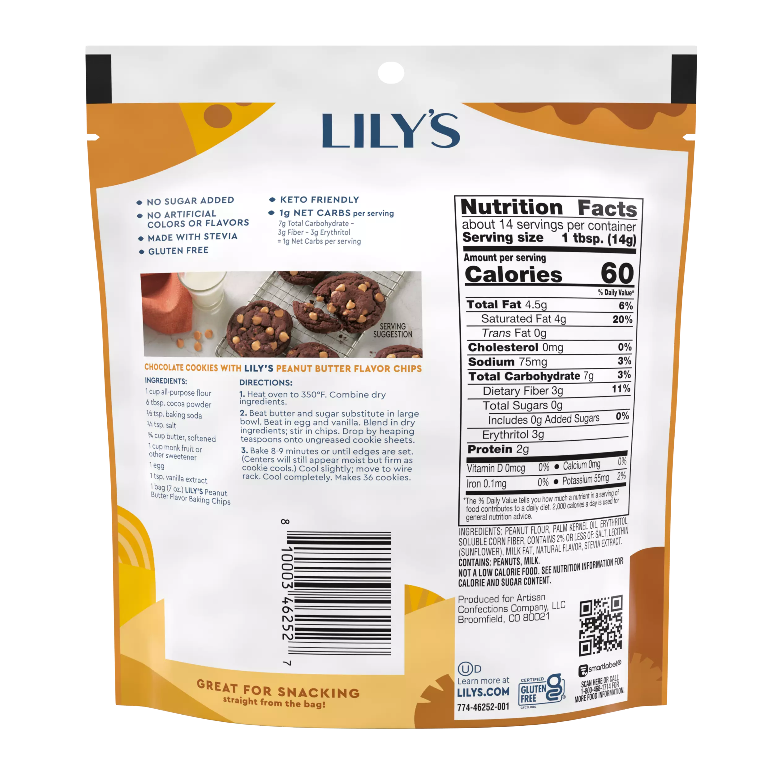 LILY'S Peanut Butter Flavor Baking Chips, 7 oz pouch - Back of Package