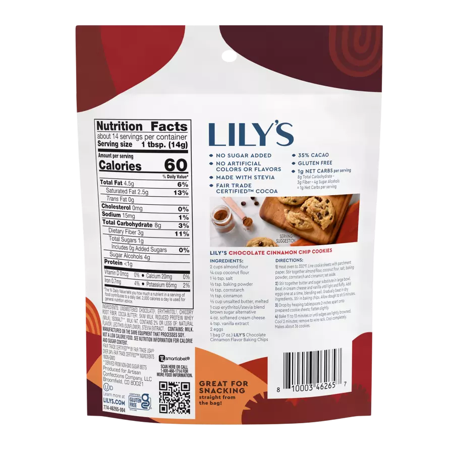 LILY'S Chocolate Cinnamon Flavor Baking Chips, 7 oz pouch - Back of Package