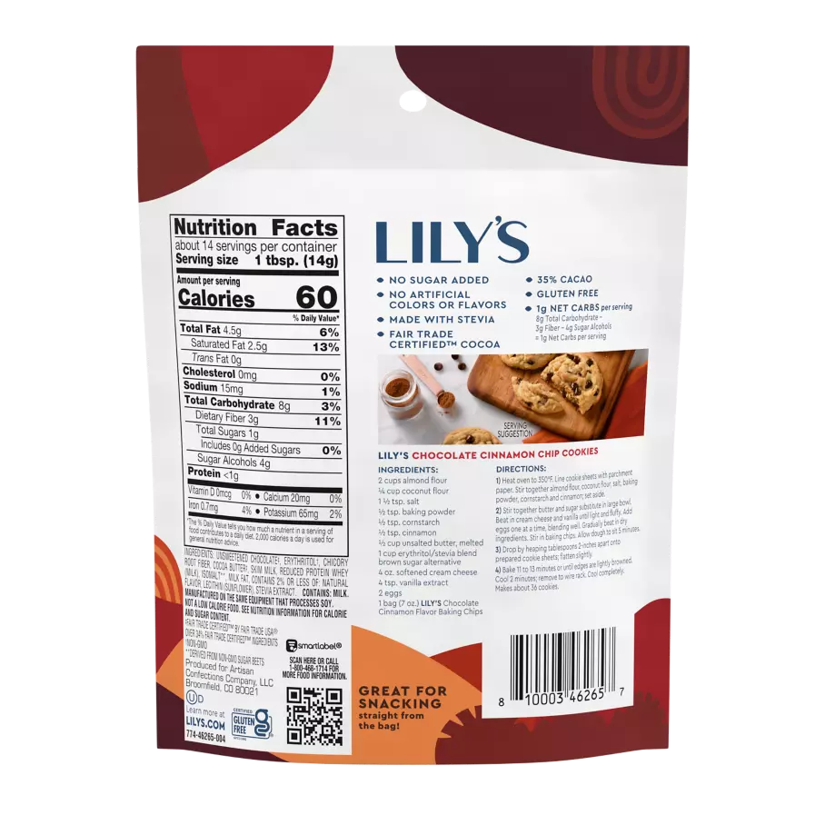 LILY'S Chocolate Cinnamon Flavor Baking Chips, 7 oz pouch
